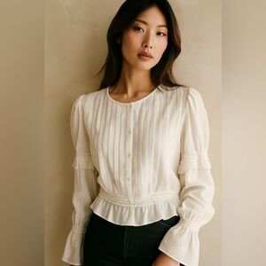 Women’s Cream Long-Sleeve Peplum Blouse